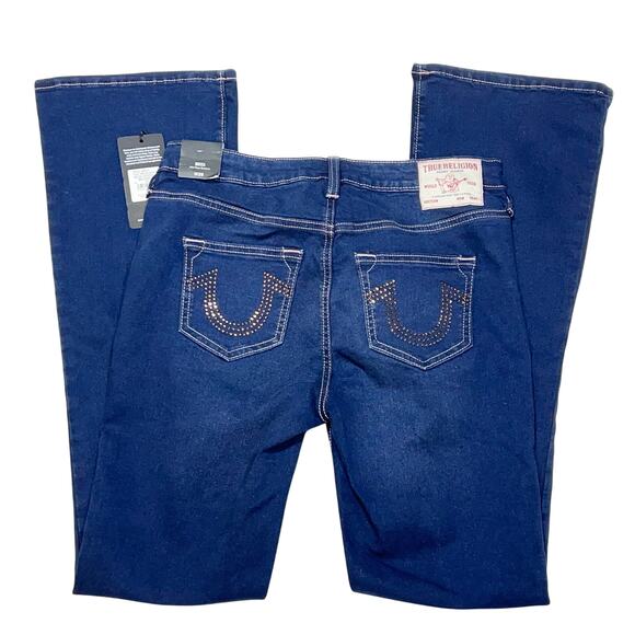 True Religion Becca Mid Rise Bootcut Jeans Women 28Wx32L Blue Rhinestones - Picture 4 of 9